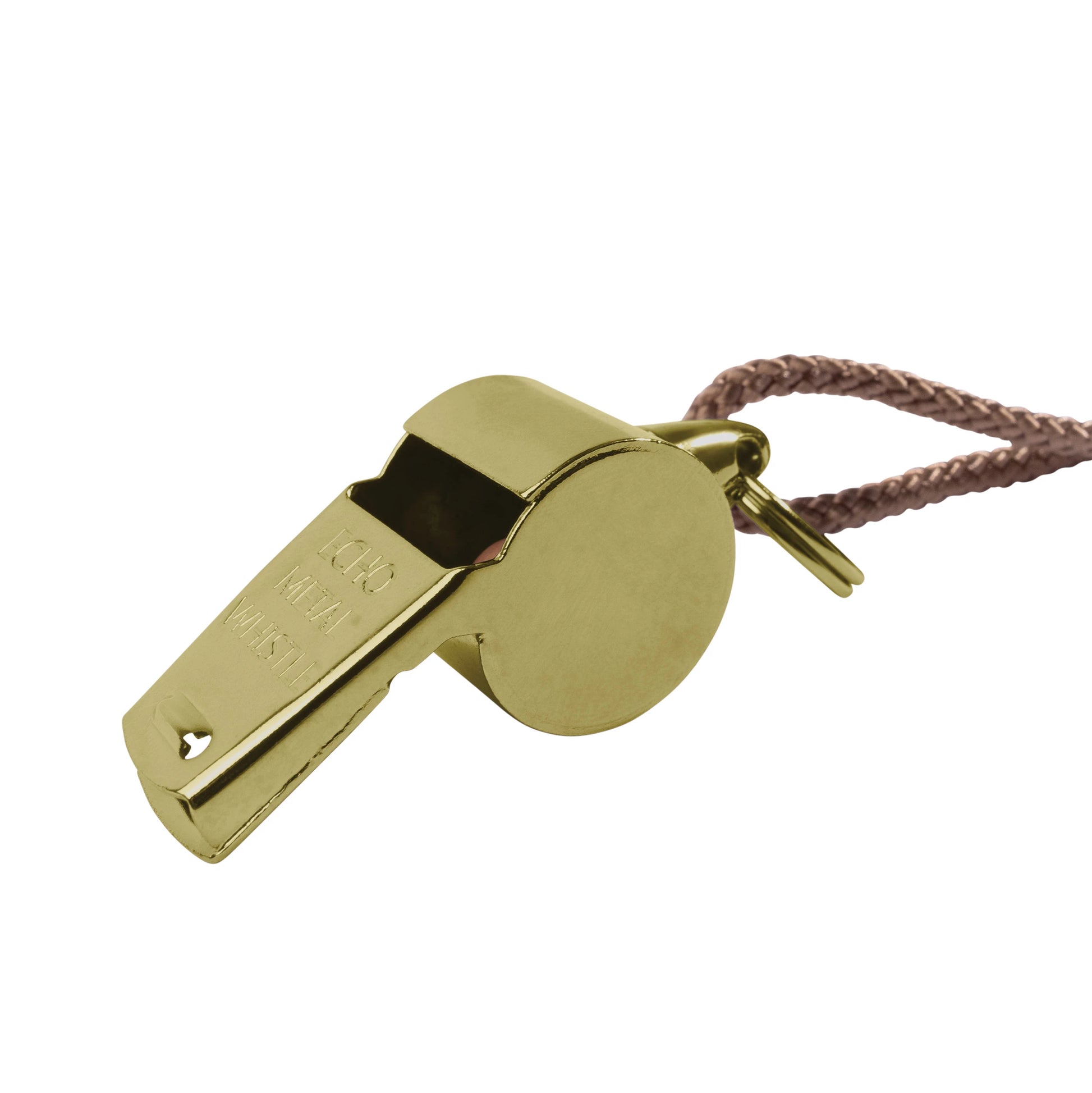 Brass GI Style metal police whistle, angled view showing mouthpiece and rubber-pea sound chamber