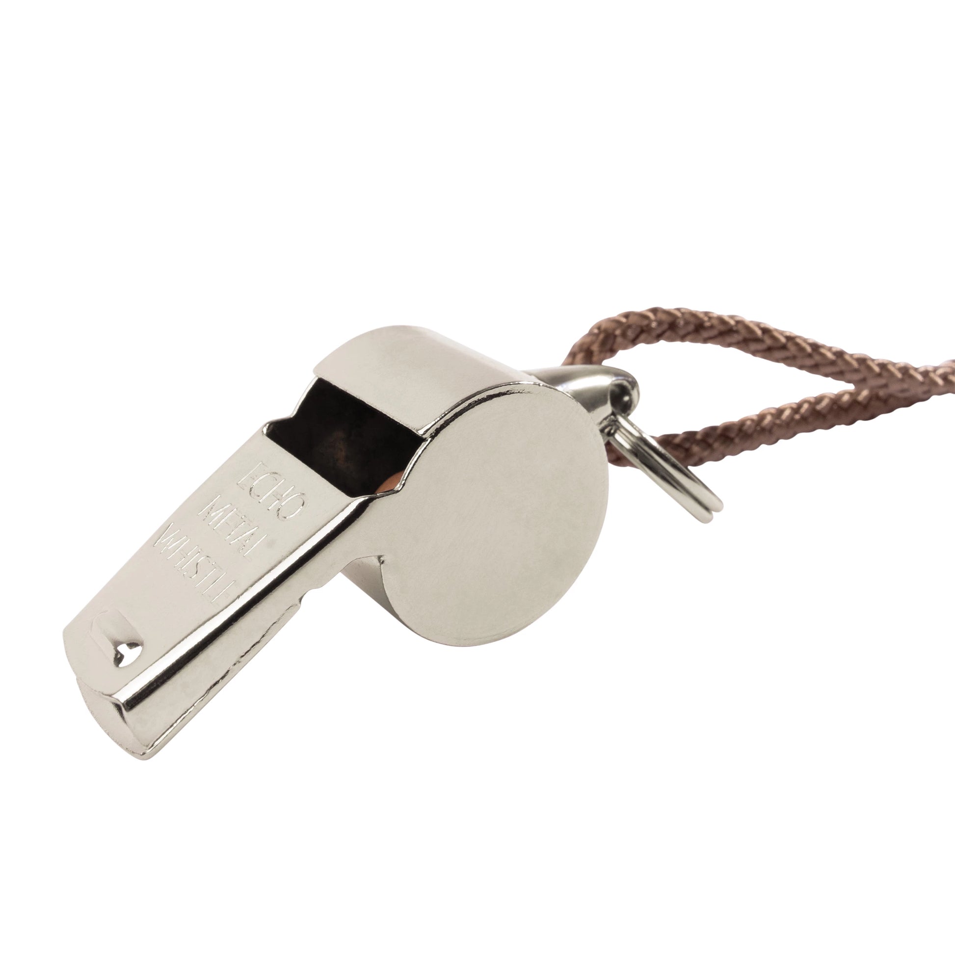 Silver GI Style metal police whistle, angled view showing mouthpiece and rubber-pea sound chamber