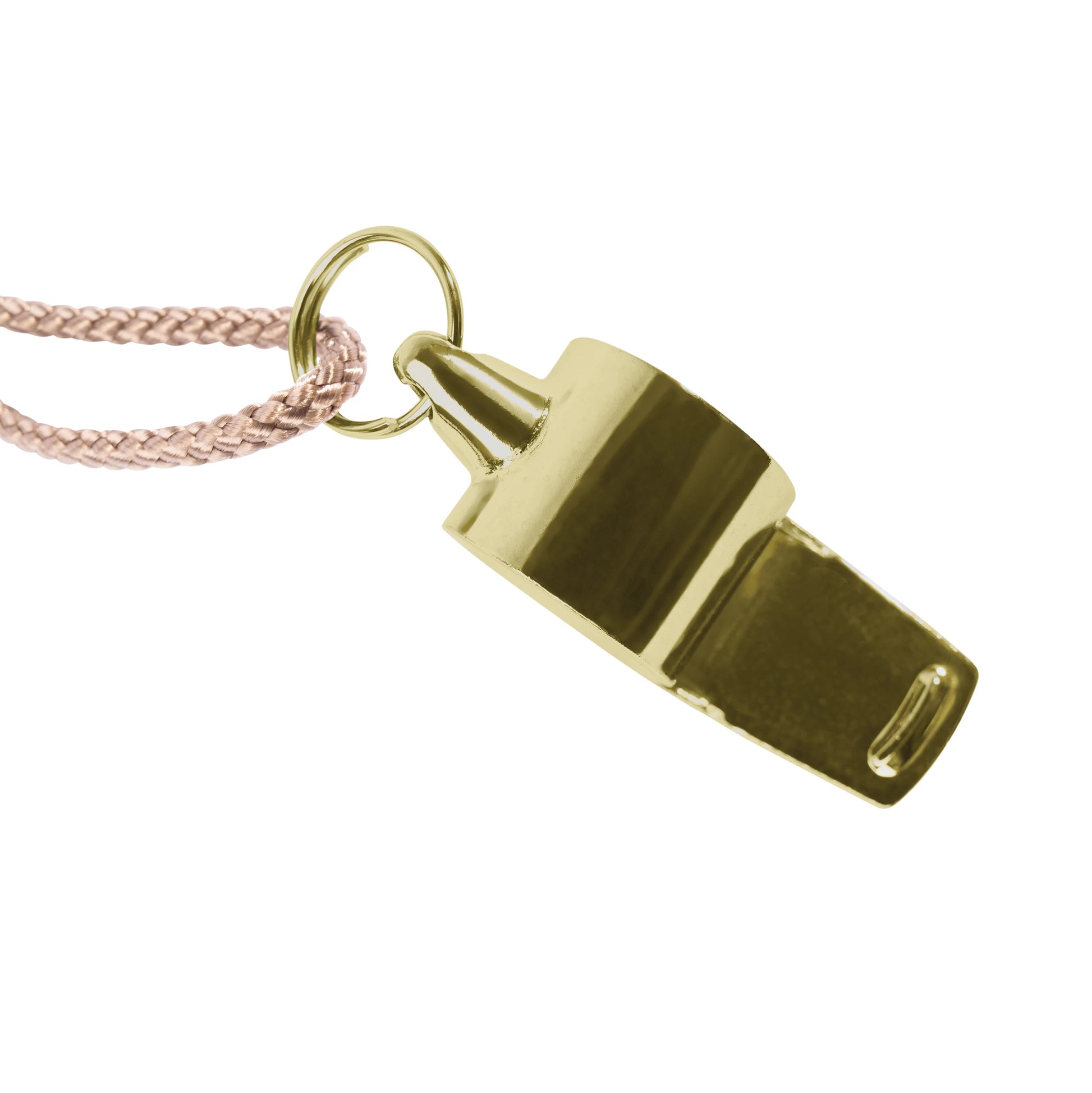 Brass GI Style police whistle showing split ring and lanyard attachment detail