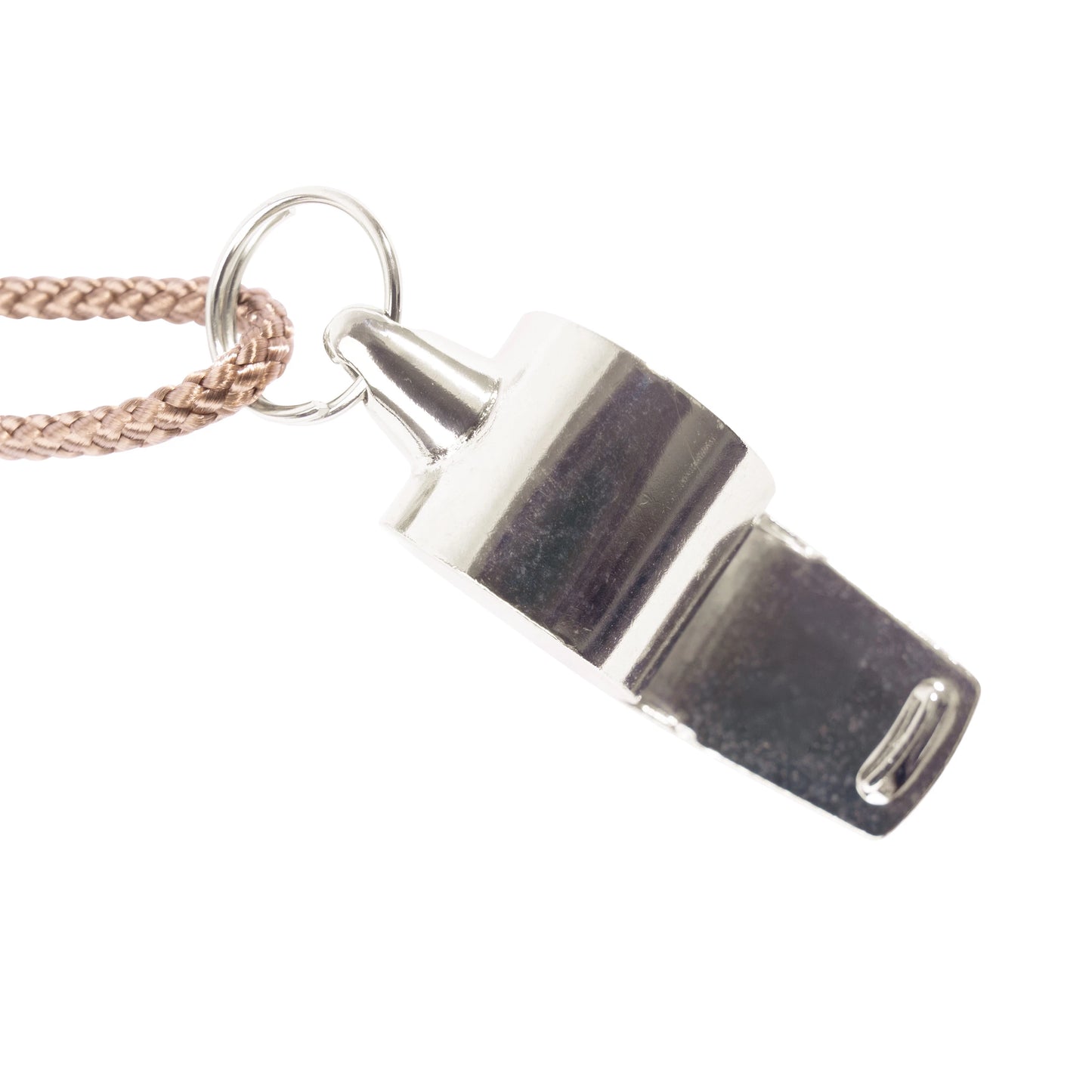 Silver GI Style police whistle showing split ring and lanyard attachment detail