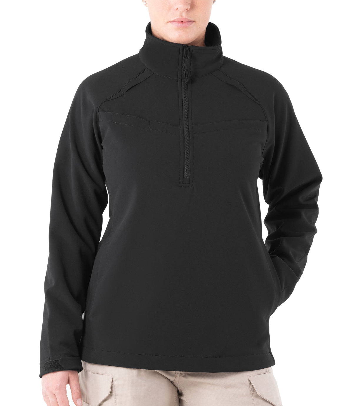 First Tactical Women's Tactix Softshell Pullover in Black, front view showing half-zip collar and mic loop chest yoke