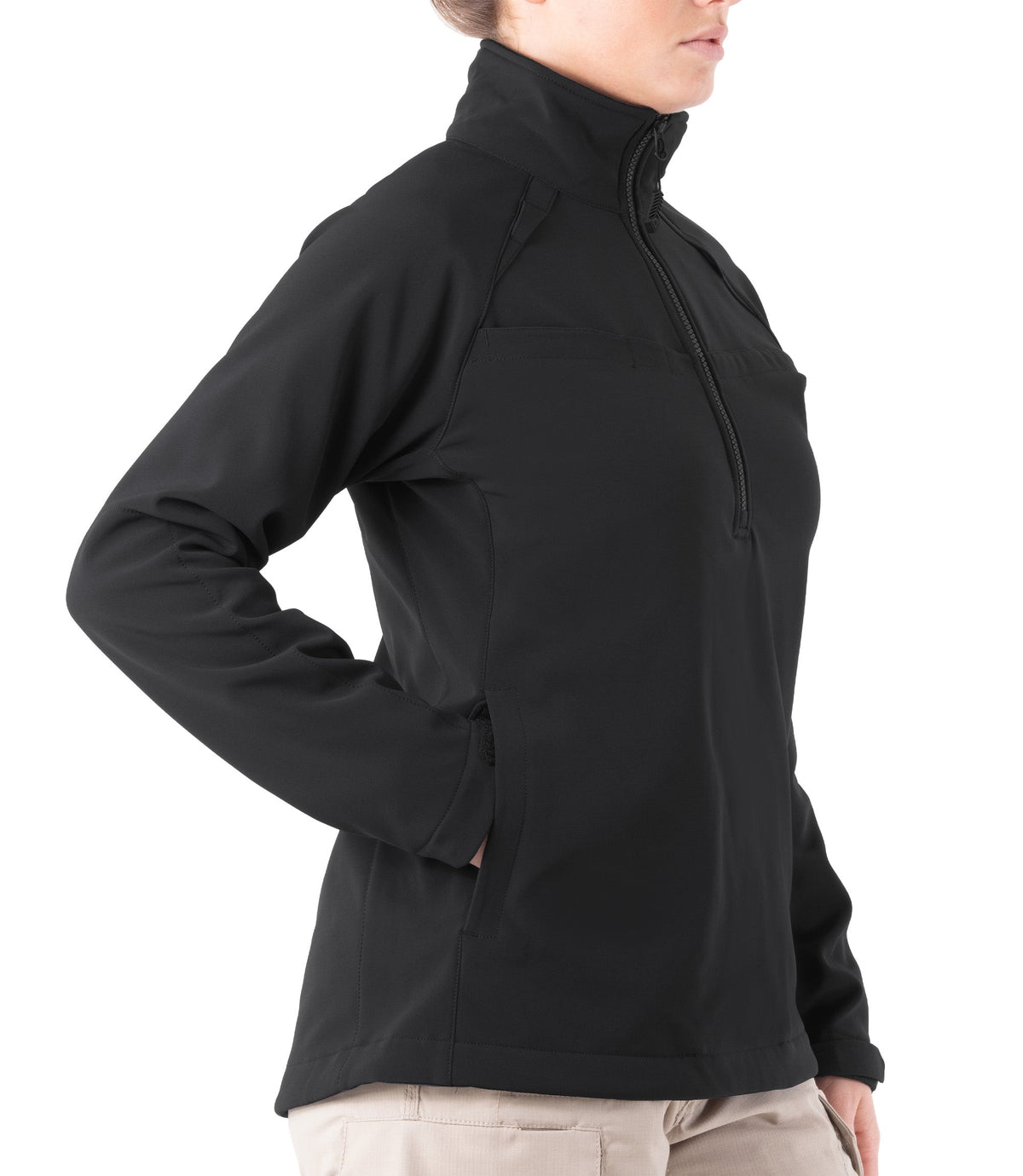 First Tactical Women's Tactix Softshell Pullover in Black, side view showing hand pocket and articulated sleeve