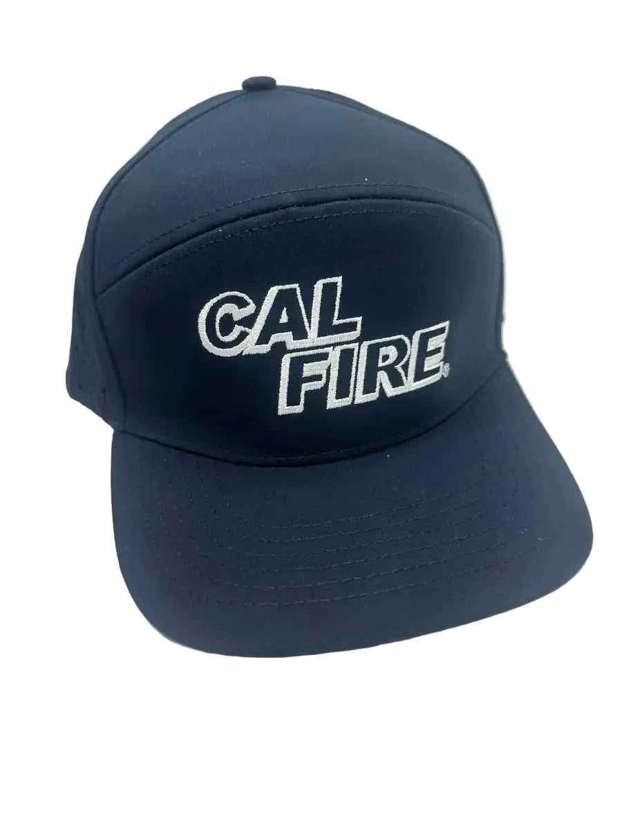 Midnight navy CAL FIRE 7-panel performance hat, three-quarter view showing the white CAL FIRE italic wordmark.
