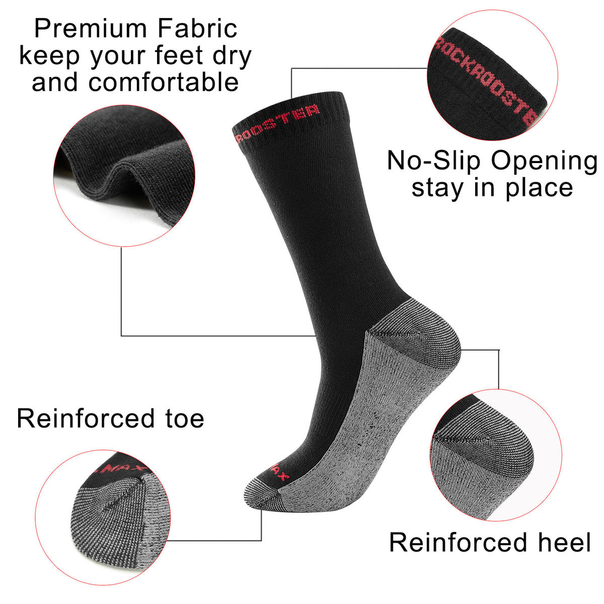 RockRooster CoolMax Men's Moisture Control Durable Work Crew Socks 3 Pairs