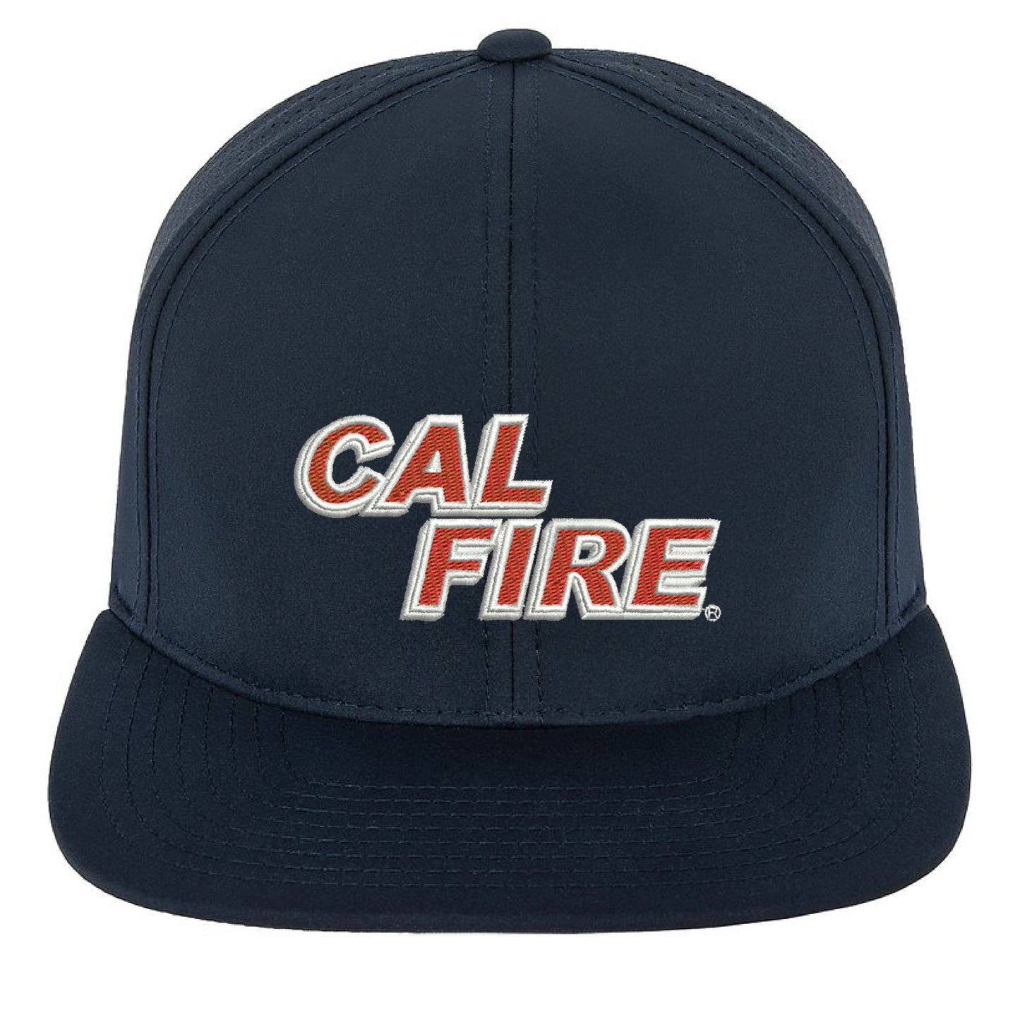 Midnight navy Bucket Brigade 343 Vented Flat Bill Hat, front view with the red and white CAL FIRE wordmark embroidered across the front panel.