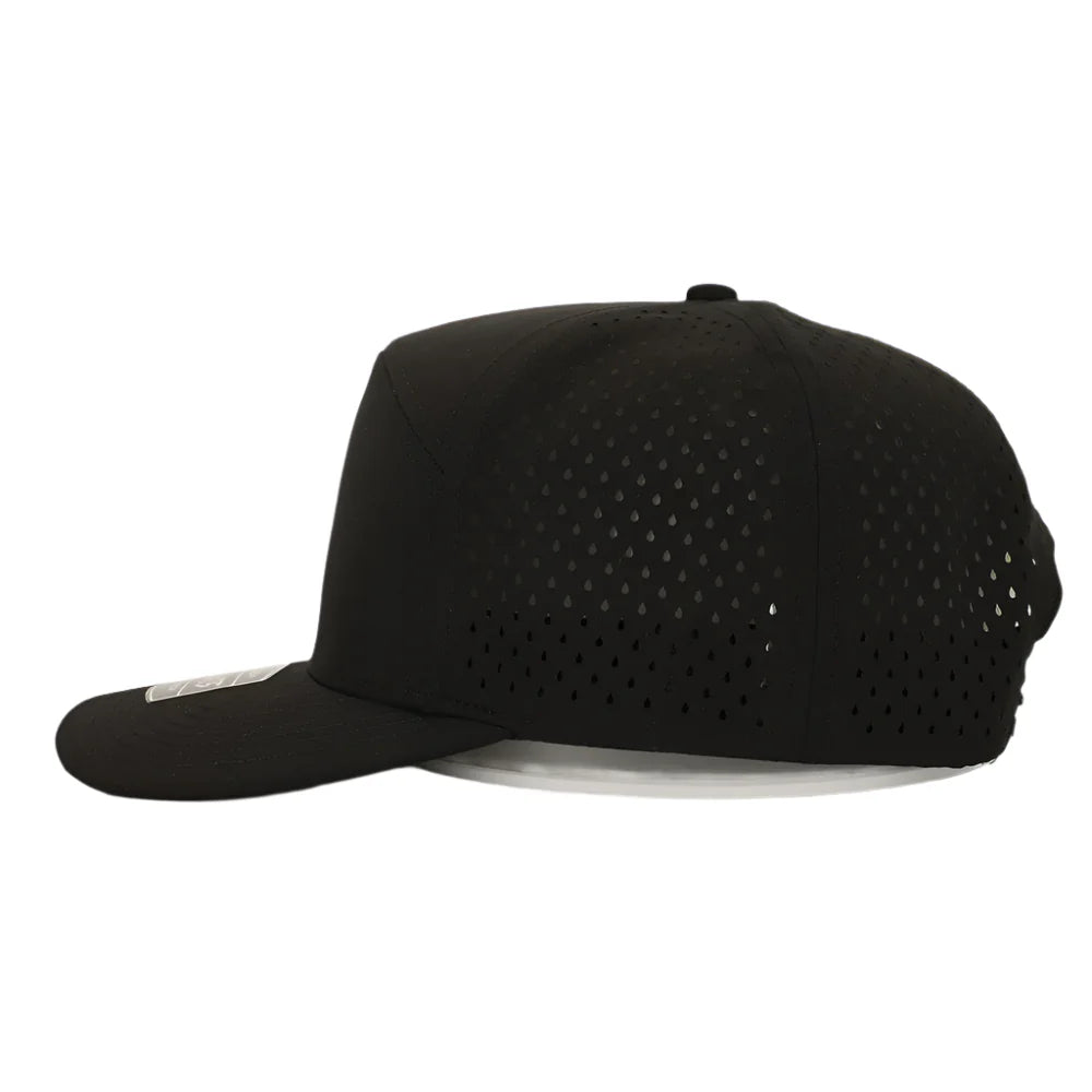 Black baseball cap with perforated design on a white background