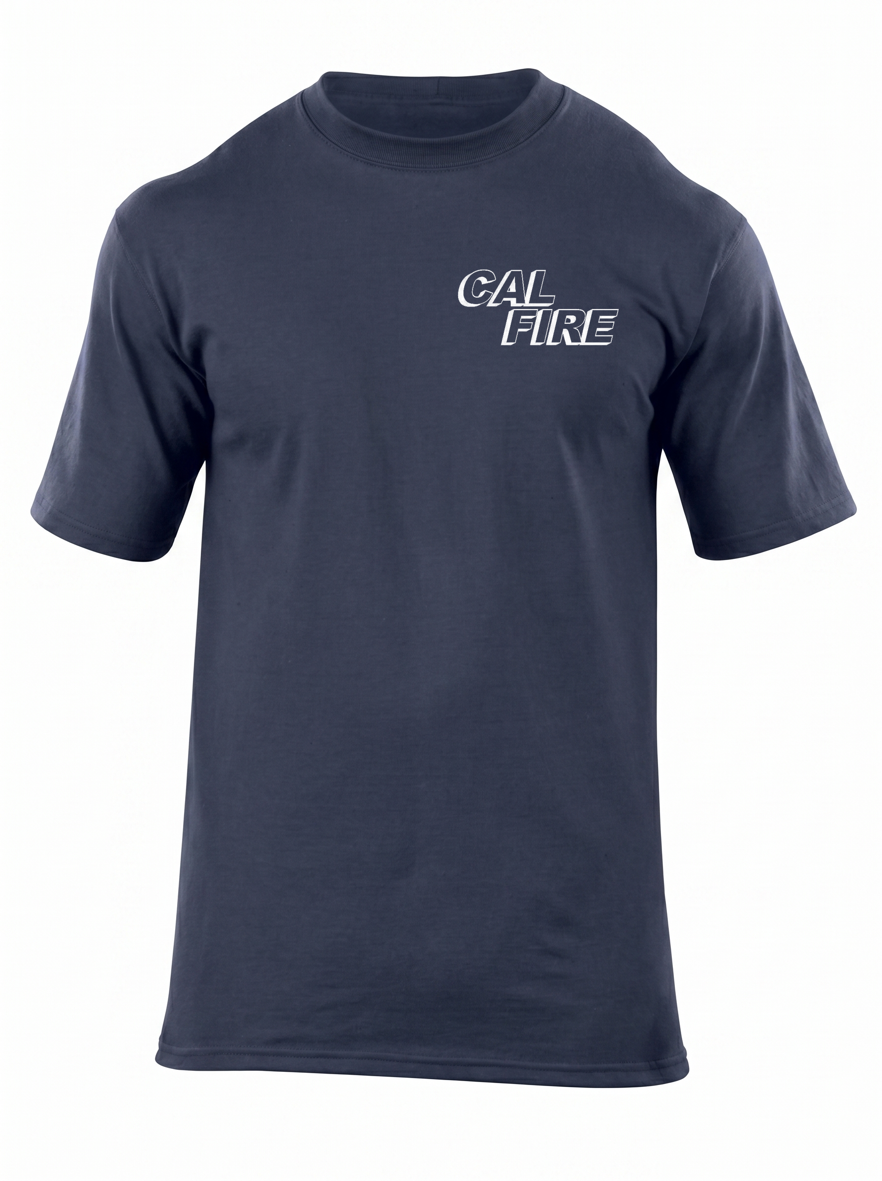 Fire Navy 5.11 Station Wear short-sleeve CAL FIRE t-shirt — front view with the white stacked italic CAL FIRE text logo on the left chest.