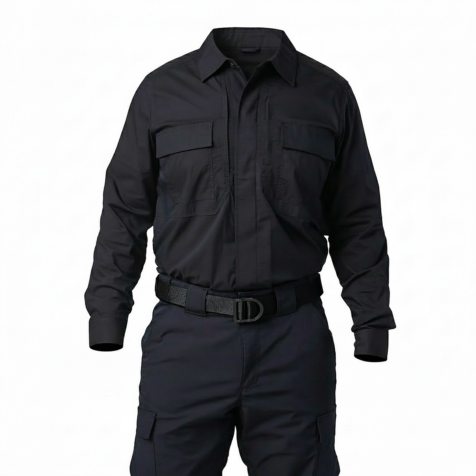 Styled view of the plain navy TDU shirt worn with matching navy tactical pants and a duty belt for a full CAL FIRE field uniform look.