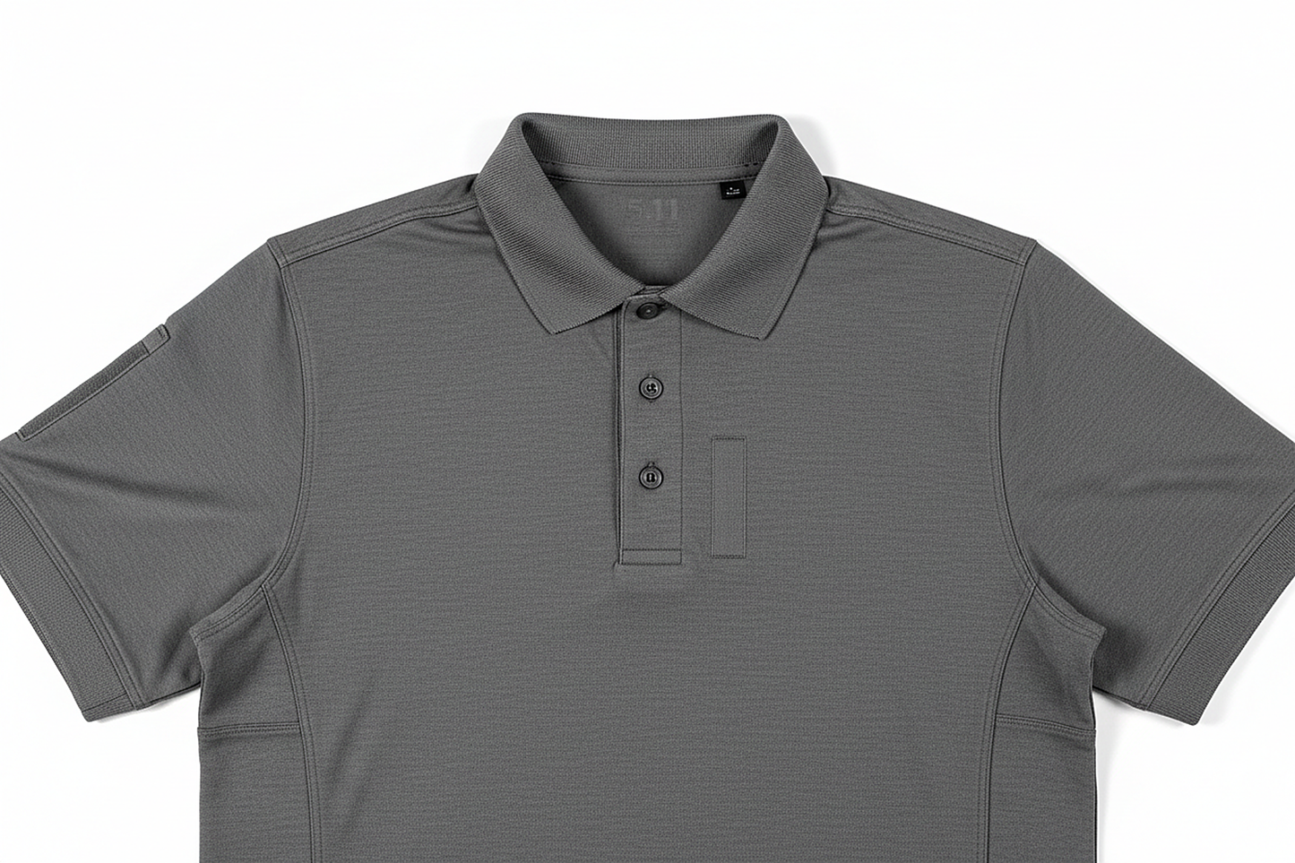 Men's 5.11 Helios Polo Charcoal Grey Front View - Professional Tactical Uniform Shirt with Badge Tab