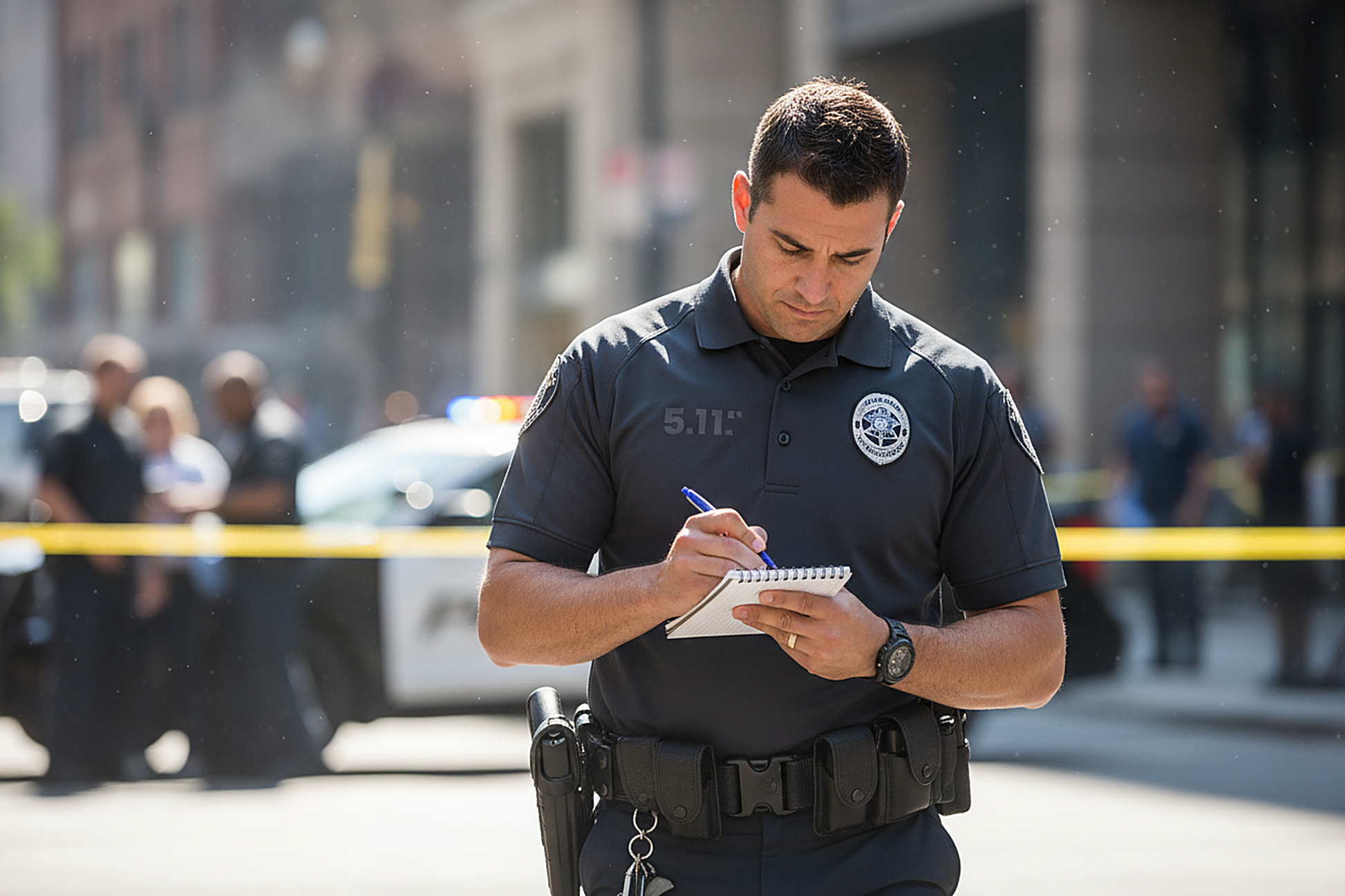 Law Enforcement Officer in 5.11 Helios Polo - Functional Pen Pocket Feature - On Duty