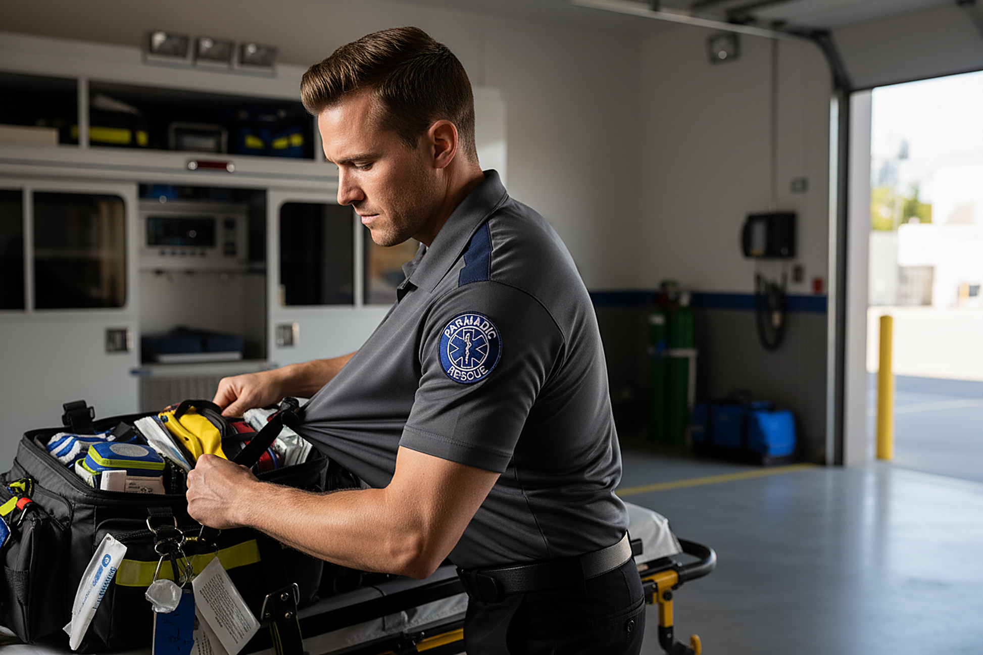 EMT Paramedic Wearing 5.11 Helios Polo - Dynamic Movement Showing Fabric Flexibility and Range of Motion