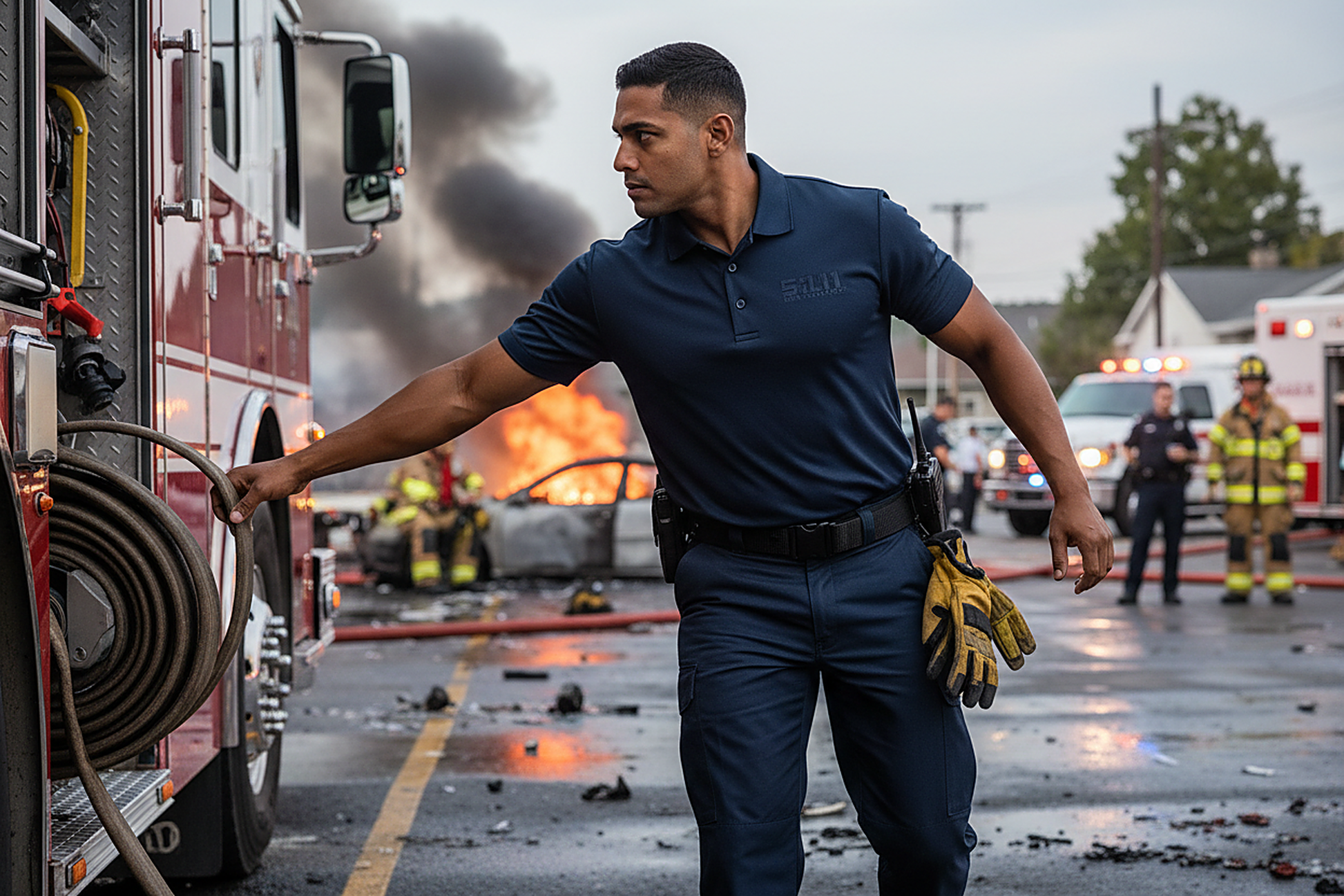 Fire service professional wearing midnight navy 5.11 polo