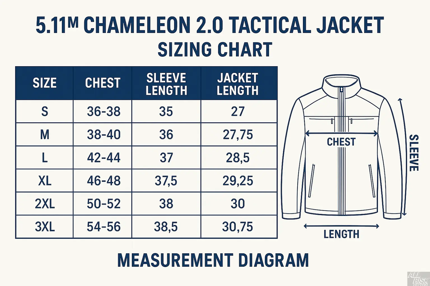 5.11 Chameleon jacket 2.0 navy size chart