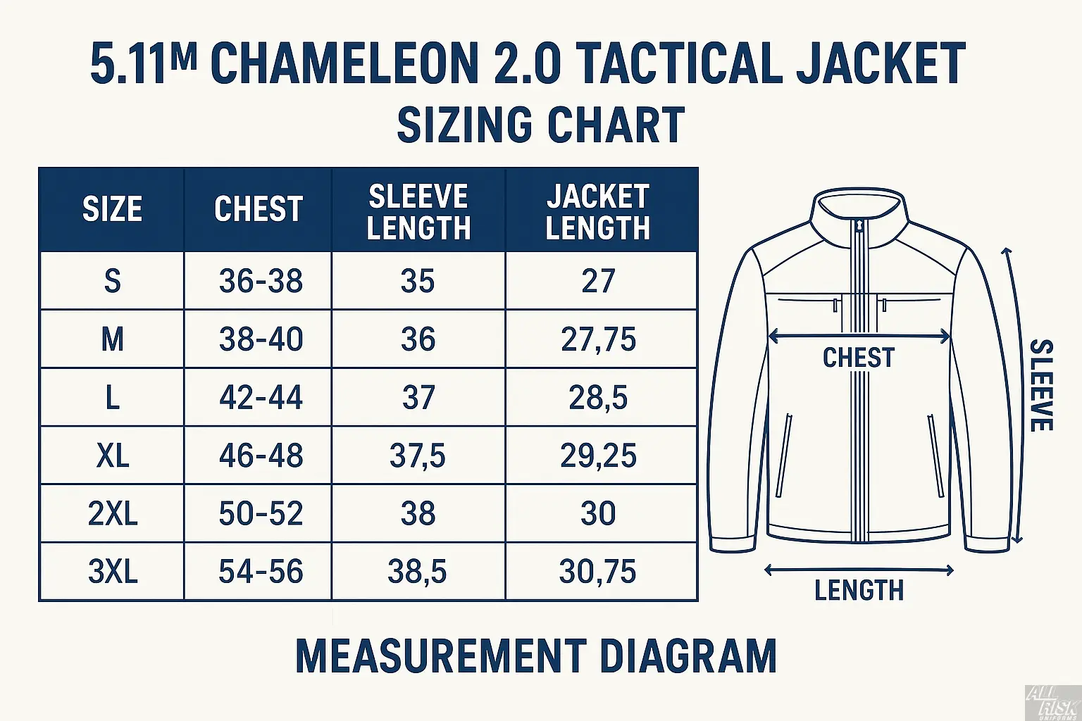 5.11 Chameleon jacket 2.0 navy size chart