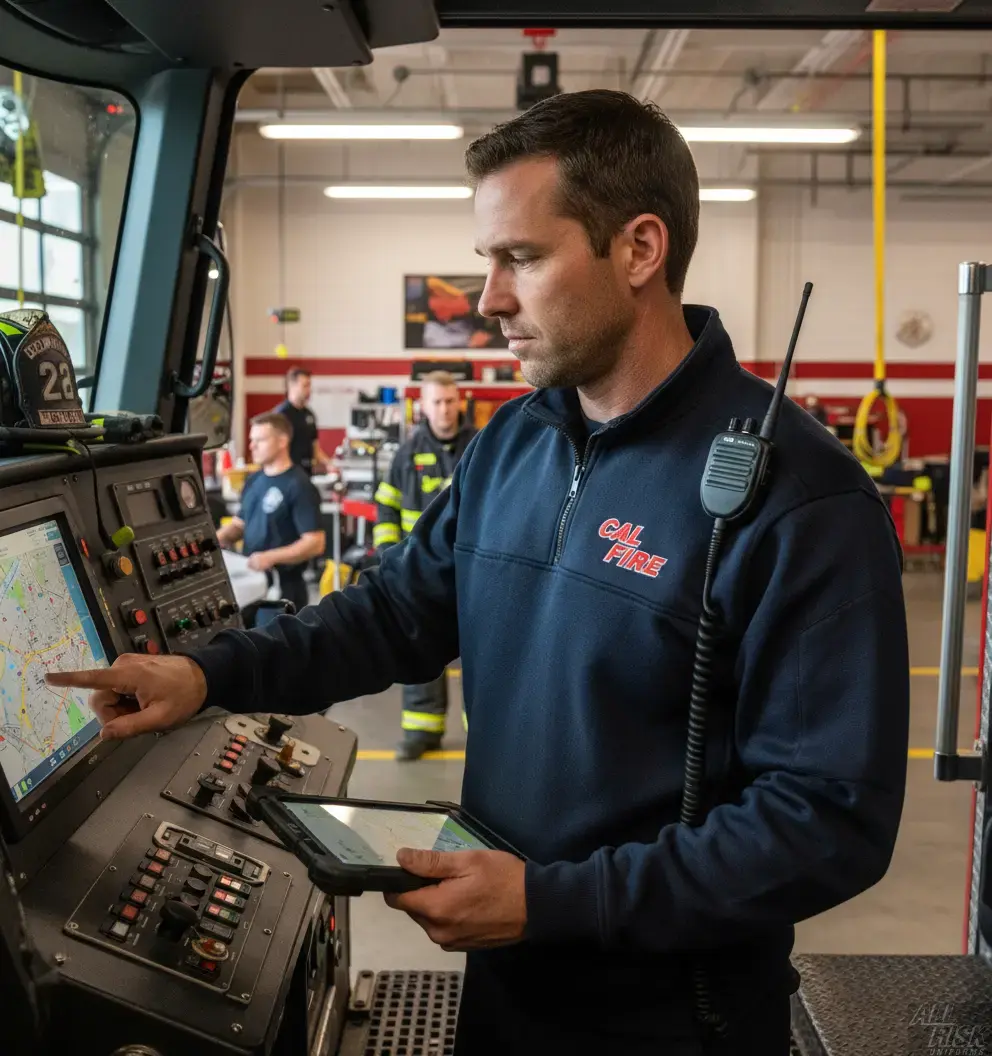 Emergency services professional wearing 5.11 tactical job shirt during duty showing quarter-zip collar and mic pockets in use