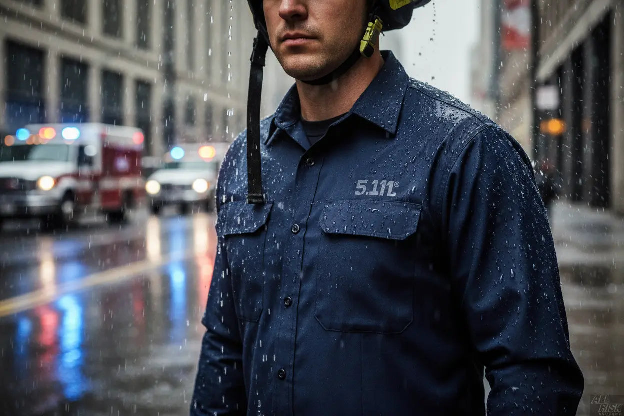 Firefighter wearing 5.11 water repellent job shirt in rain showing weather protection for first responders
