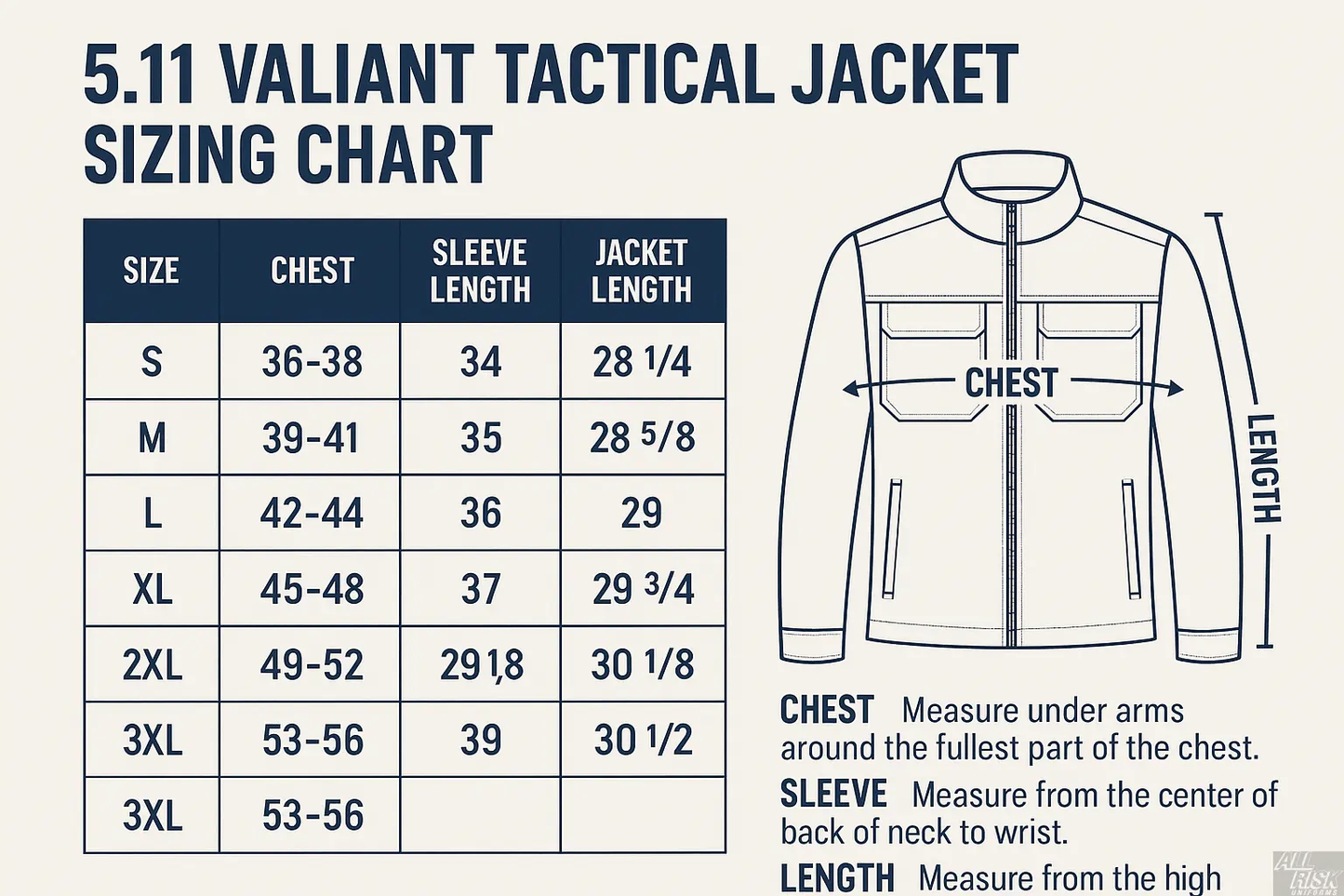 5.11 Valiant jacket navy size chart