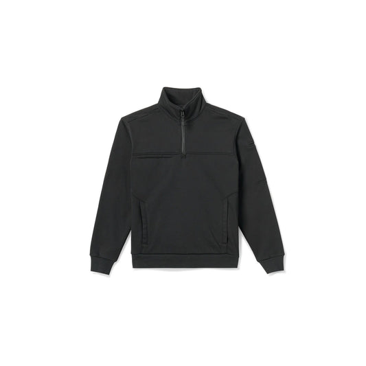 5.11 Women's Quarter Zip Job Shirt in Black, front view showing the no-roll collar, quarter zip, chest pocket, sleeve pocket and side hand pockets