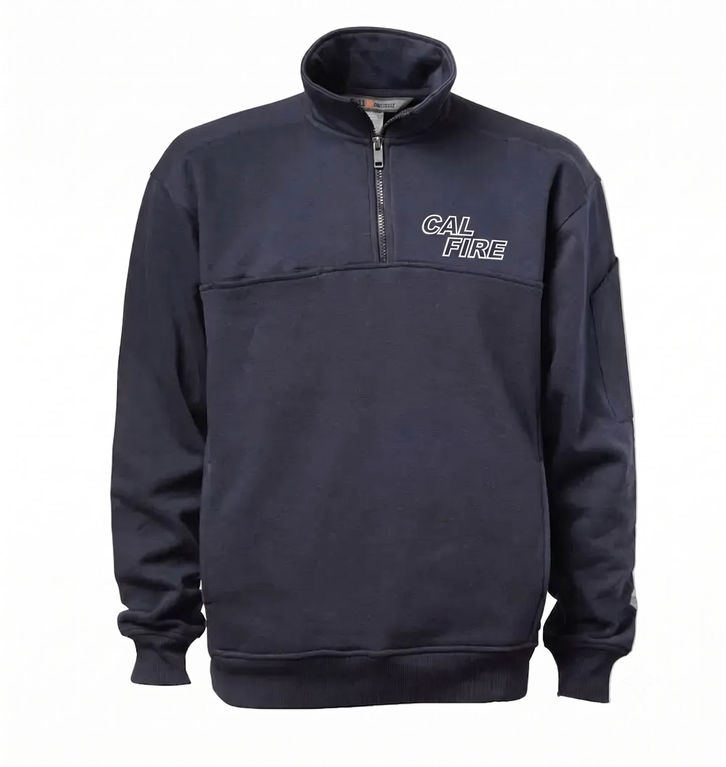 Navy 5.11 quarter-zip job shirt, front view with the white-outline CAL FIRE wordmark on the left chest.