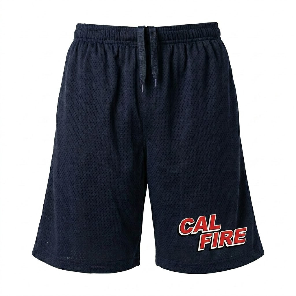 Front view of the navy mesh PT shorts with elastic drawstring waist and the red CAL FIRE wordmark printed on the lower left leg.