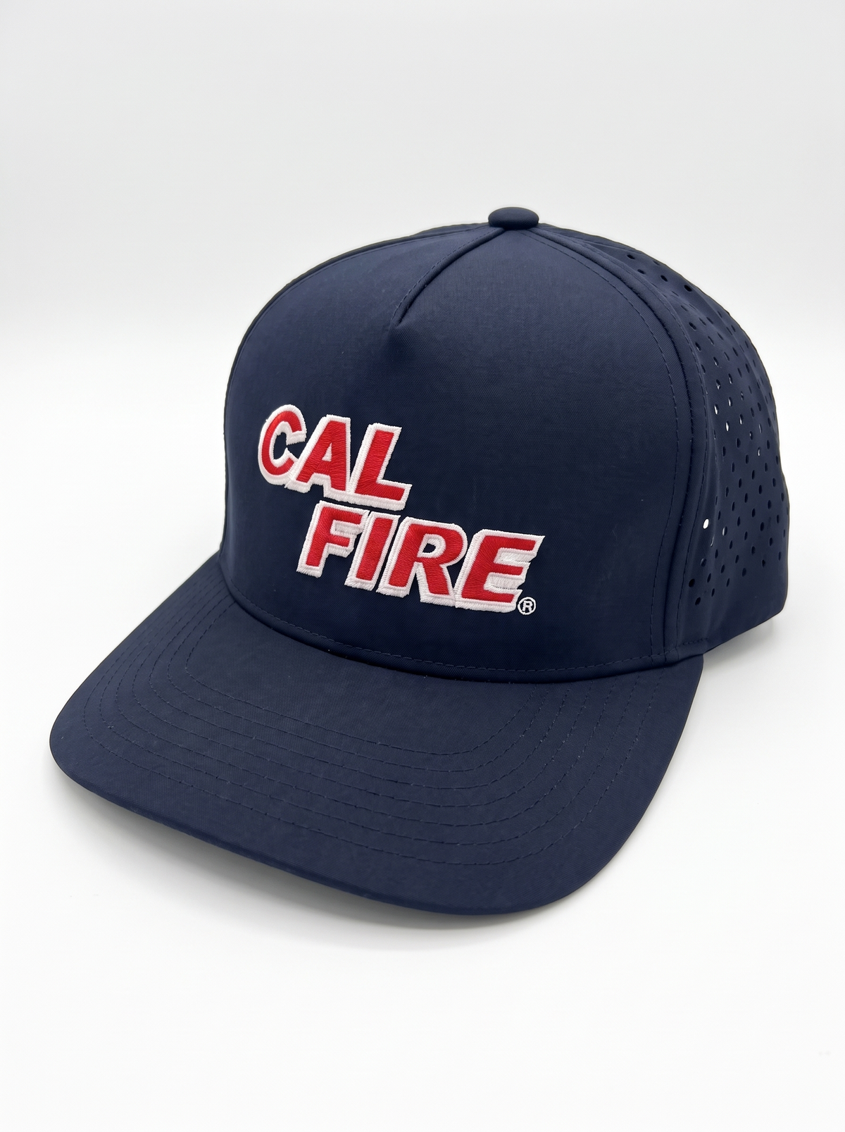 CAL FIRE 5-Panel Performance Hat, front three-quarter view, dark navy with red CAL FIRE wordmark with white outline (product render)
