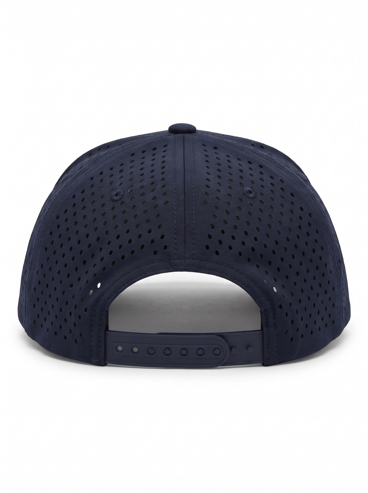 CAL FIRE 5-Panel Performance Hat, back view showing the perforated rear panels and snapback closure, dark navy with red CAL FIRE wordmark with white outline (product render)