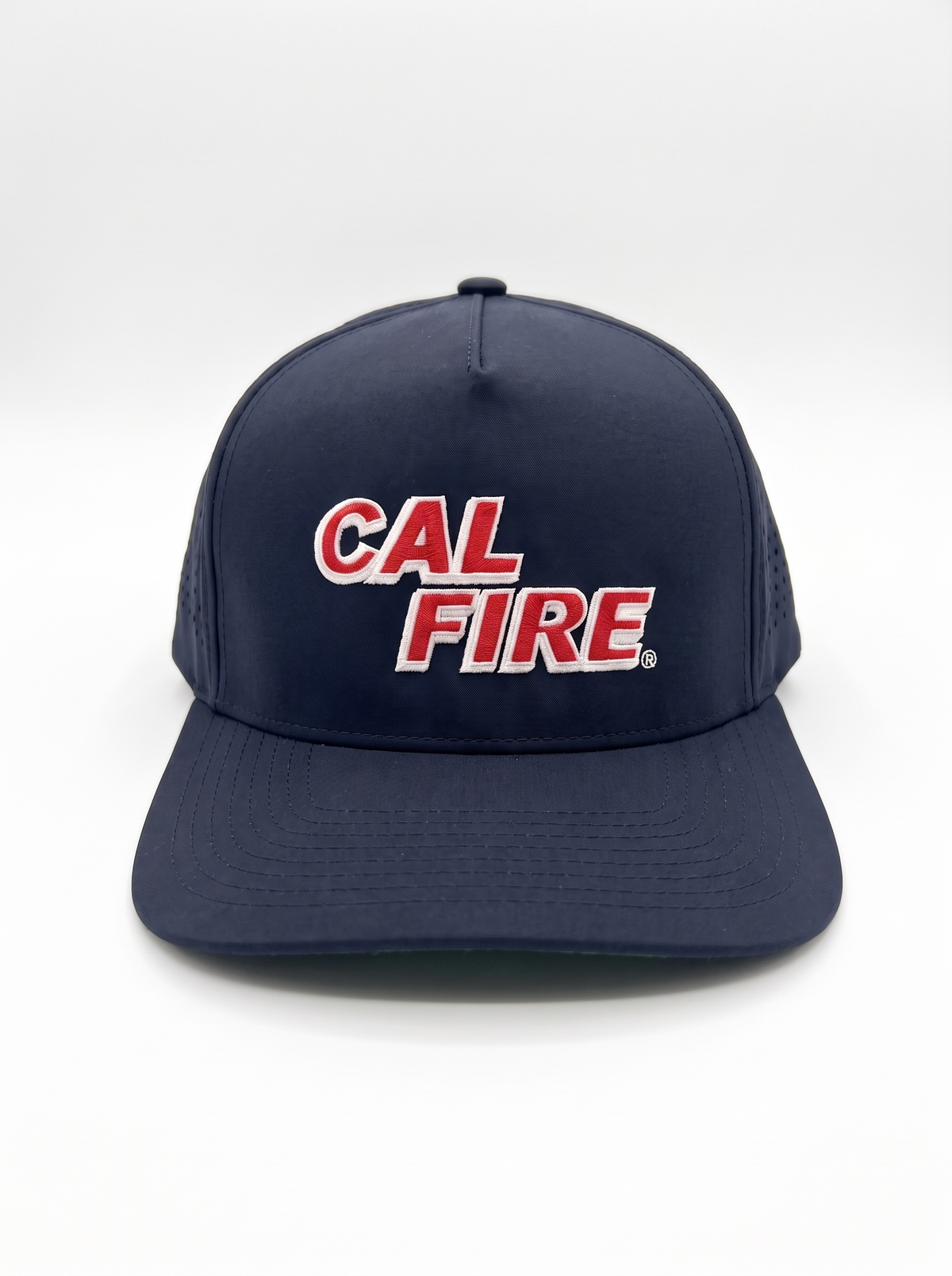 CAL FIRE 5-Panel Performance Hat, front view, dark navy with red CAL FIRE wordmark with white outline (product render)