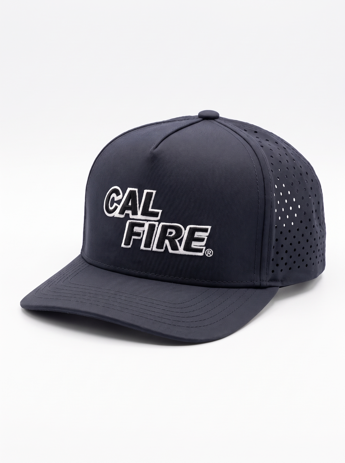 CAL FIRE 5-Panel Performance Hat - White Text, front three-quarter view, dark navy with white-outline CAL FIRE wordmark (product render)