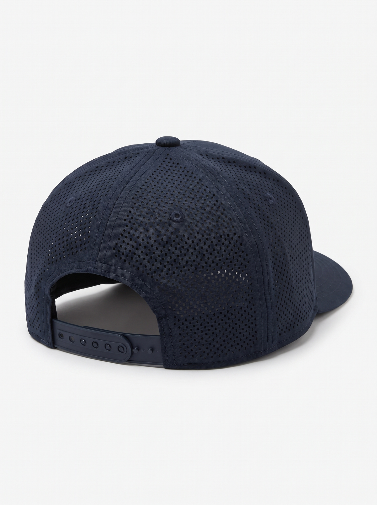CAL FIRE 5-Panel Performance Hat - White Text, back view showing the perforated rear panels and snapback closure, dark navy with white-only CAL FIRE wordmark (product render)