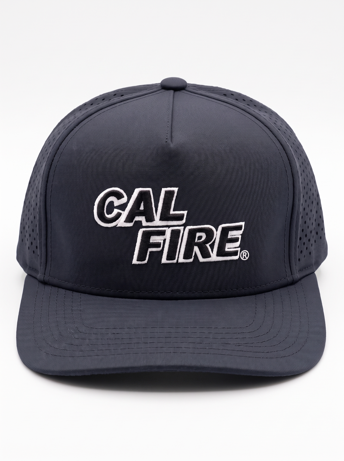 CAL FIRE 5-Panel Performance Hat - White Text, front view, dark navy with white-outline CAL FIRE wordmark (product render)