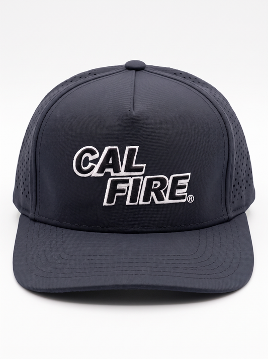 CAL FIRE 5-Panel Performance Hat - White Text, front view, dark navy with white-outline CAL FIRE wordmark (product render)