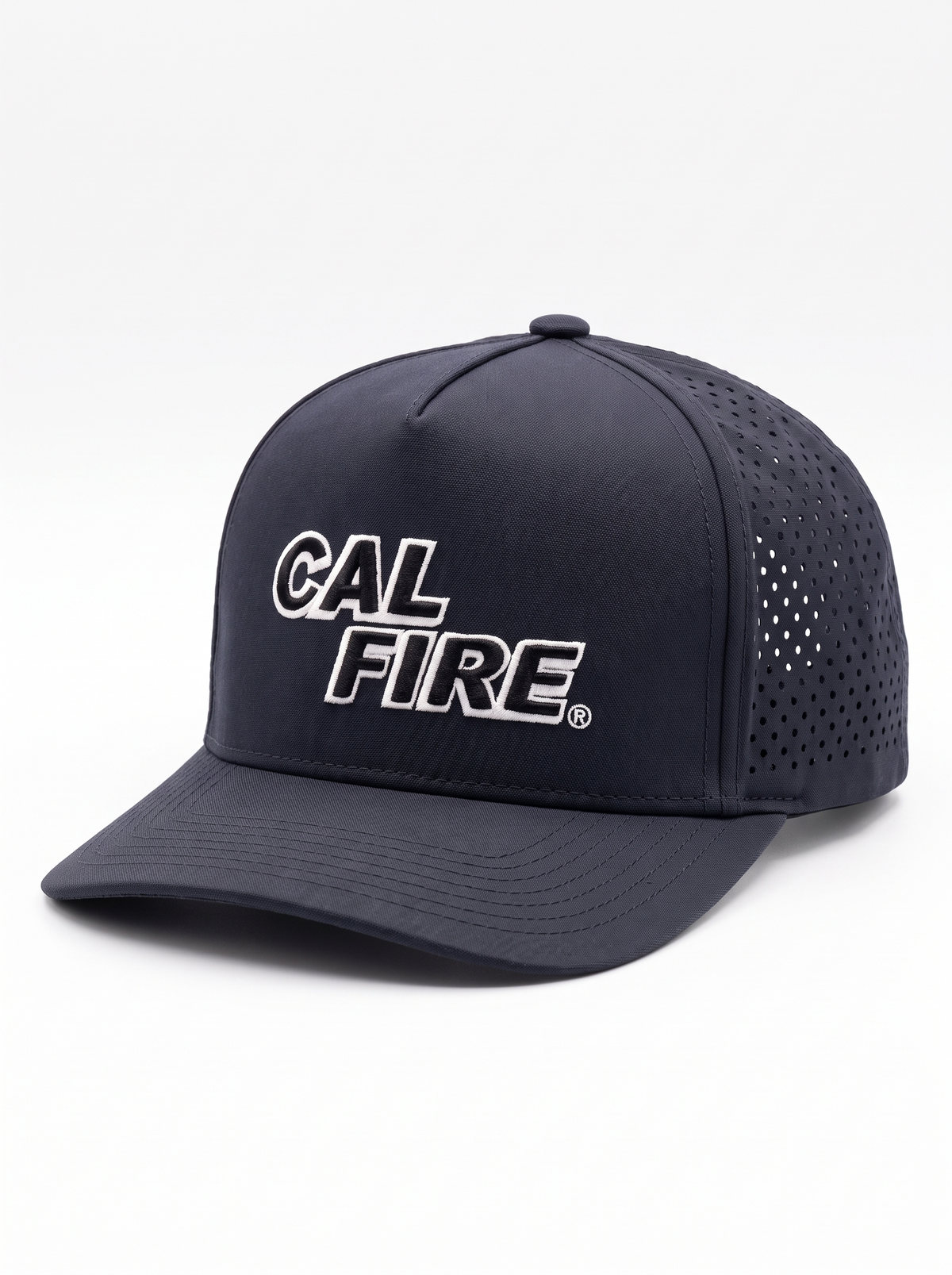 CAL FIRE 5-Panel Performance Hat - White Text, left side profile showing the laser-perforated vent panels, dark navy with white-outline CAL FIRE wordmark (product render)