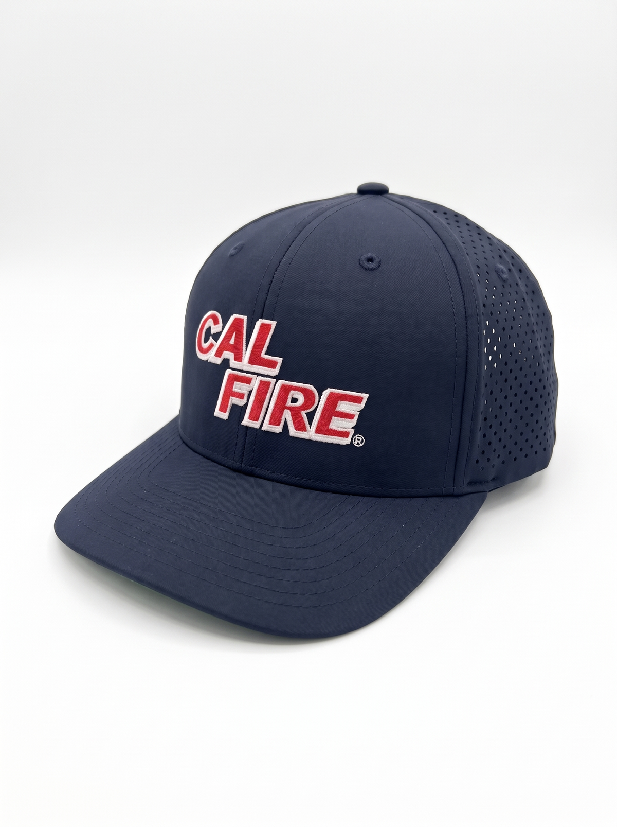 CAL FIRE 6-Panel Performance Hat, front three-quarter view, dark navy with red CAL FIRE wordmark with white outline (product render)