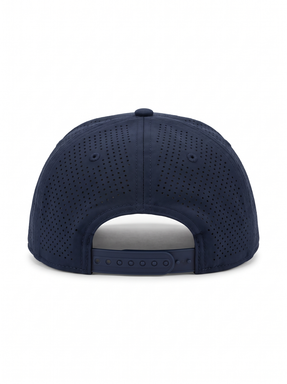 CAL FIRE 6-Panel Performance Hat, back view showing the perforated rear panels and snapback closure, dark navy with red CAL FIRE wordmark with white outline (product render)