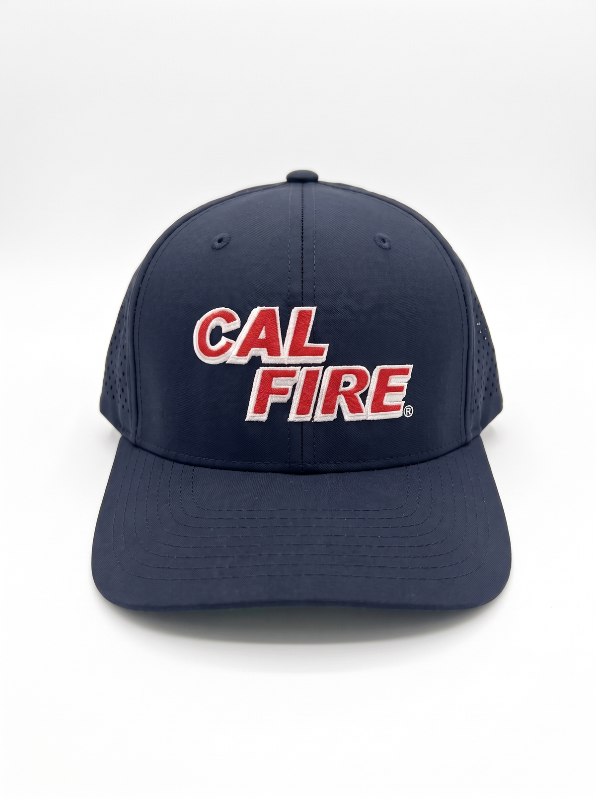 CAL FIRE 6-Panel Performance Hat, front view, dark navy with red CAL FIRE wordmark with white outline (product render)