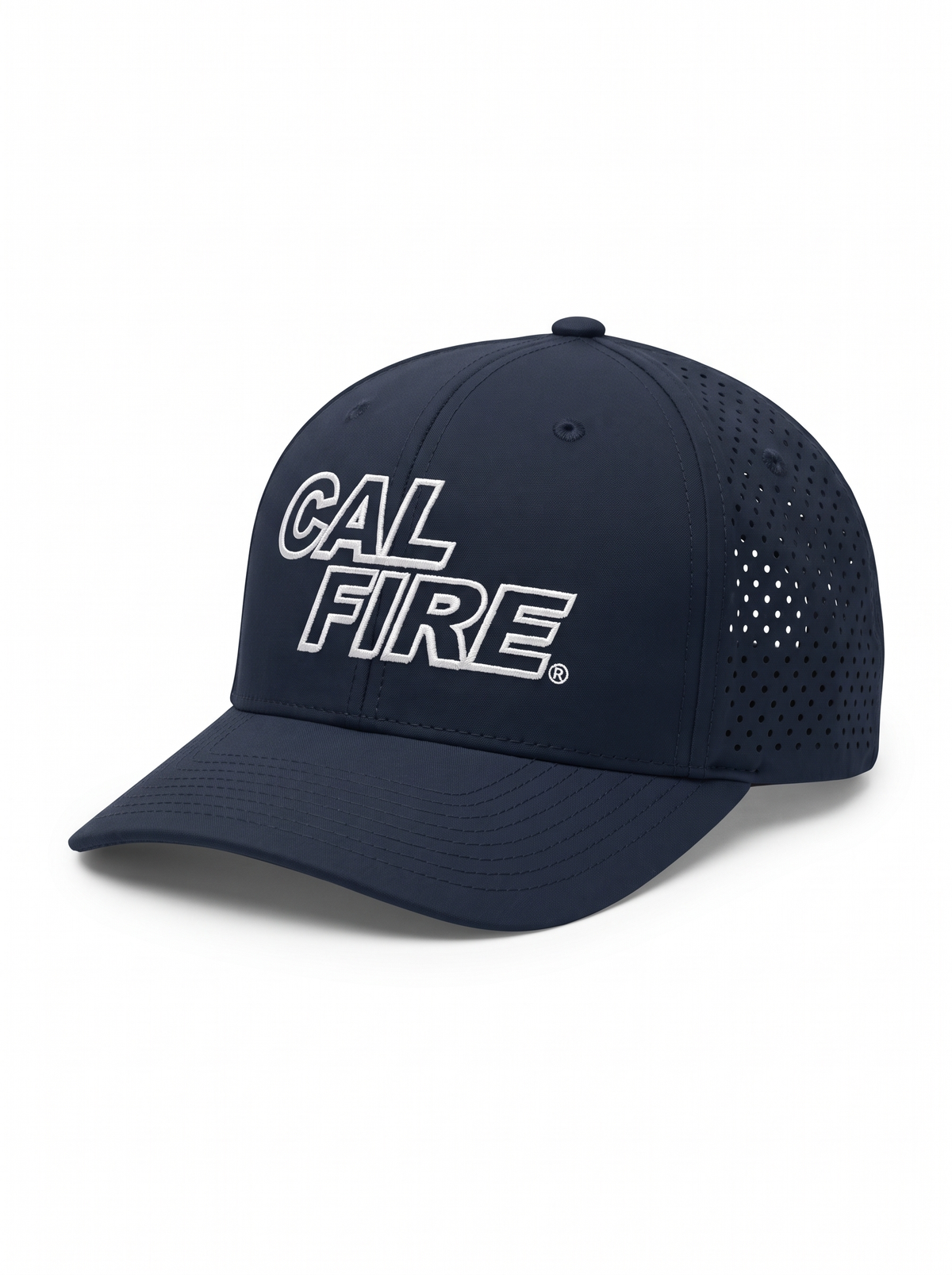 CAL FIRE 6-Panel Performance Hat - White Text, front three-quarter view, dark navy with white-outline CAL FIRE wordmark (product render)