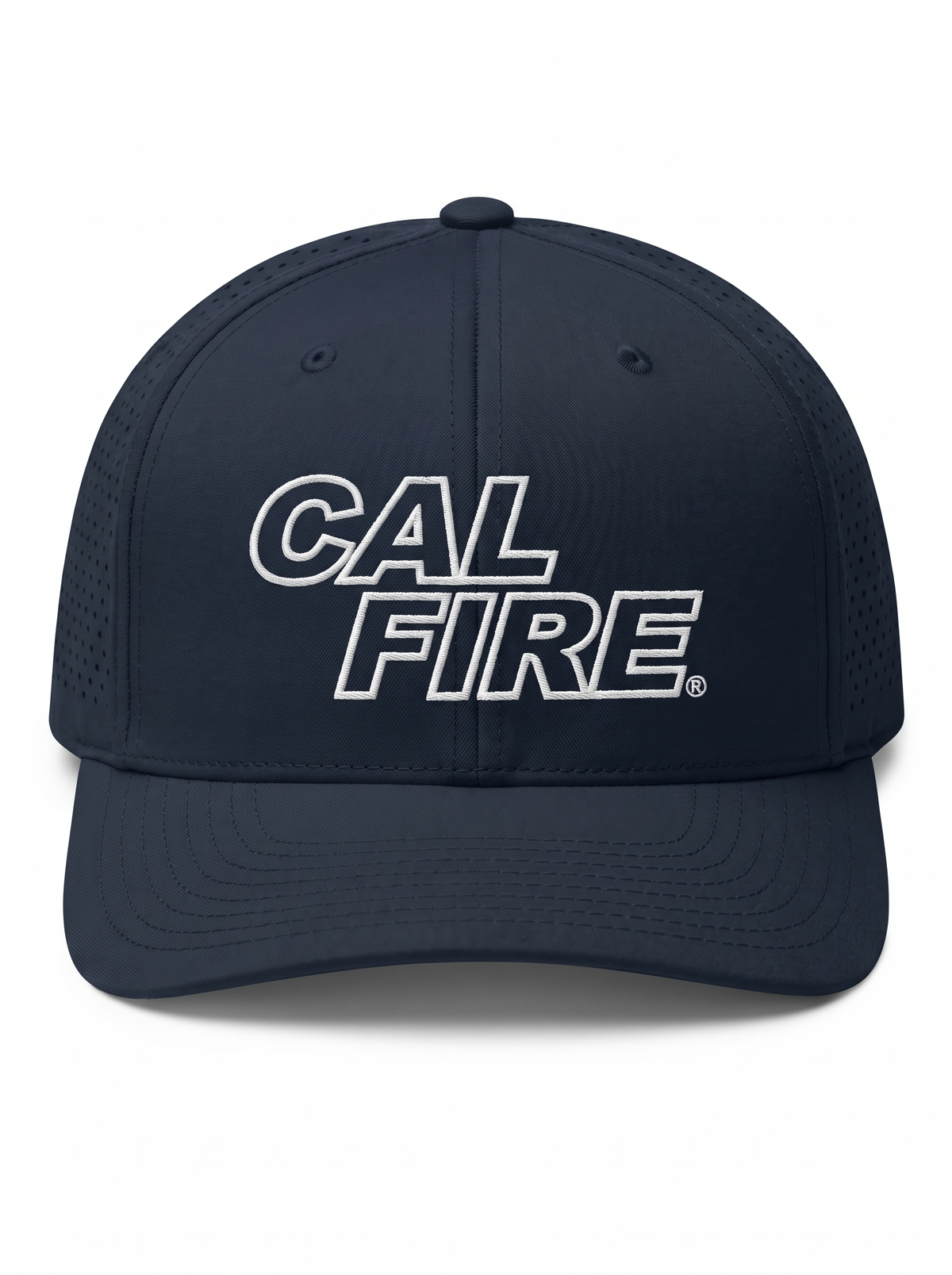 CAL FIRE 6-Panel Performance Hat - White Text, front view, dark navy with white-outline CAL FIRE wordmark (product render)