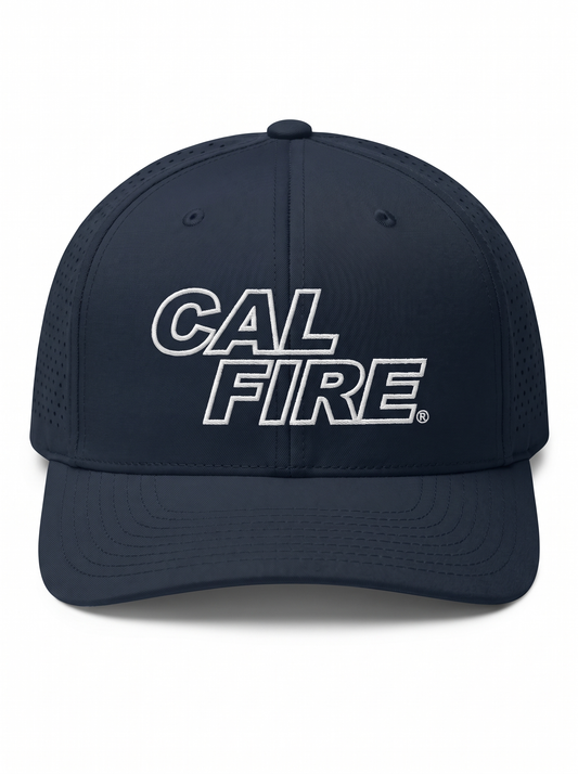 CAL FIRE 6-Panel Performance Hat - White Text, front view, dark navy with white-outline CAL FIRE wordmark (product render)