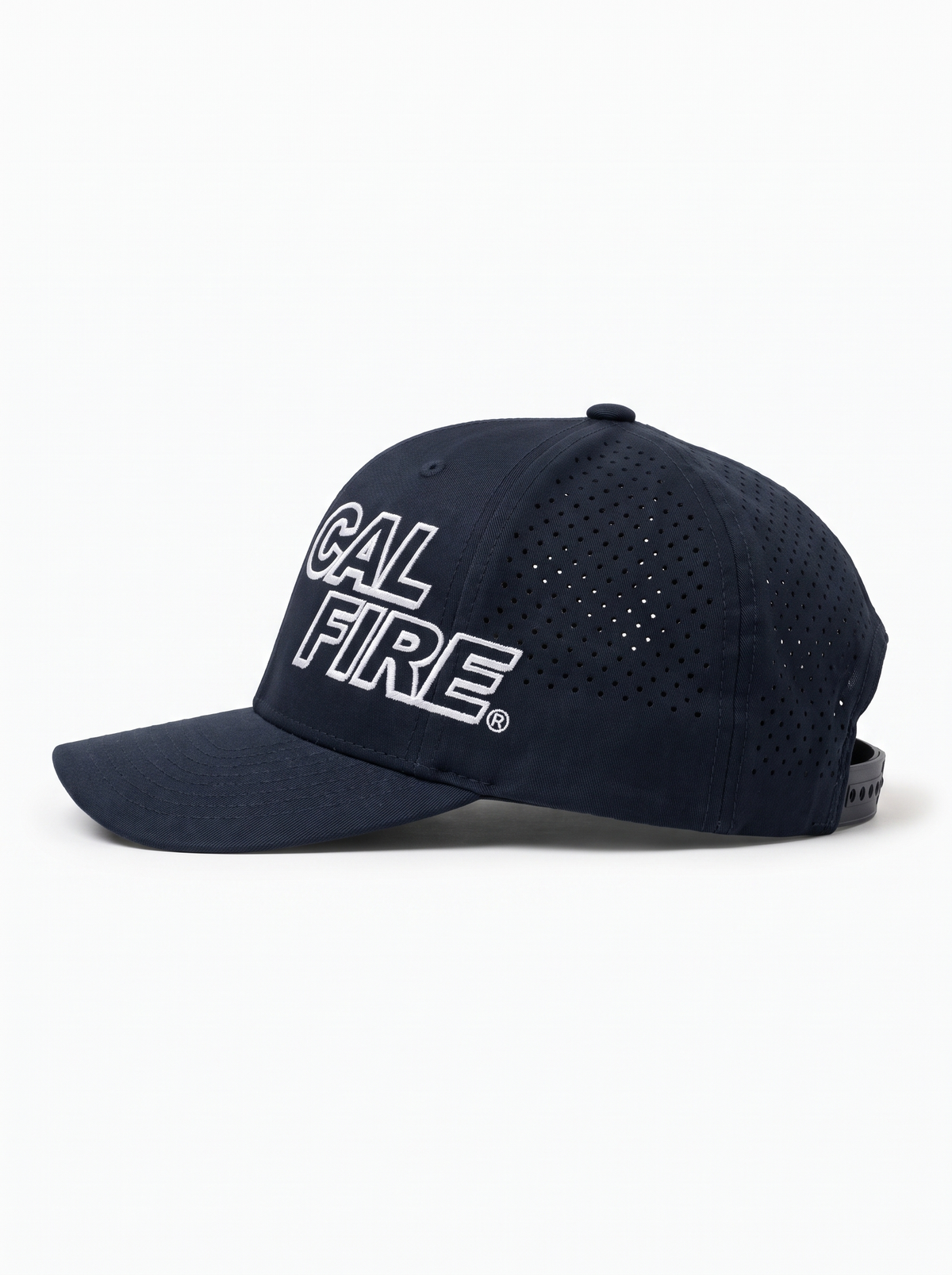 CAL FIRE 6-Panel Performance Hat - White Text, left side profile showing the laser-perforated vent panels, dark navy with white-outline CAL FIRE wordmark (product render)