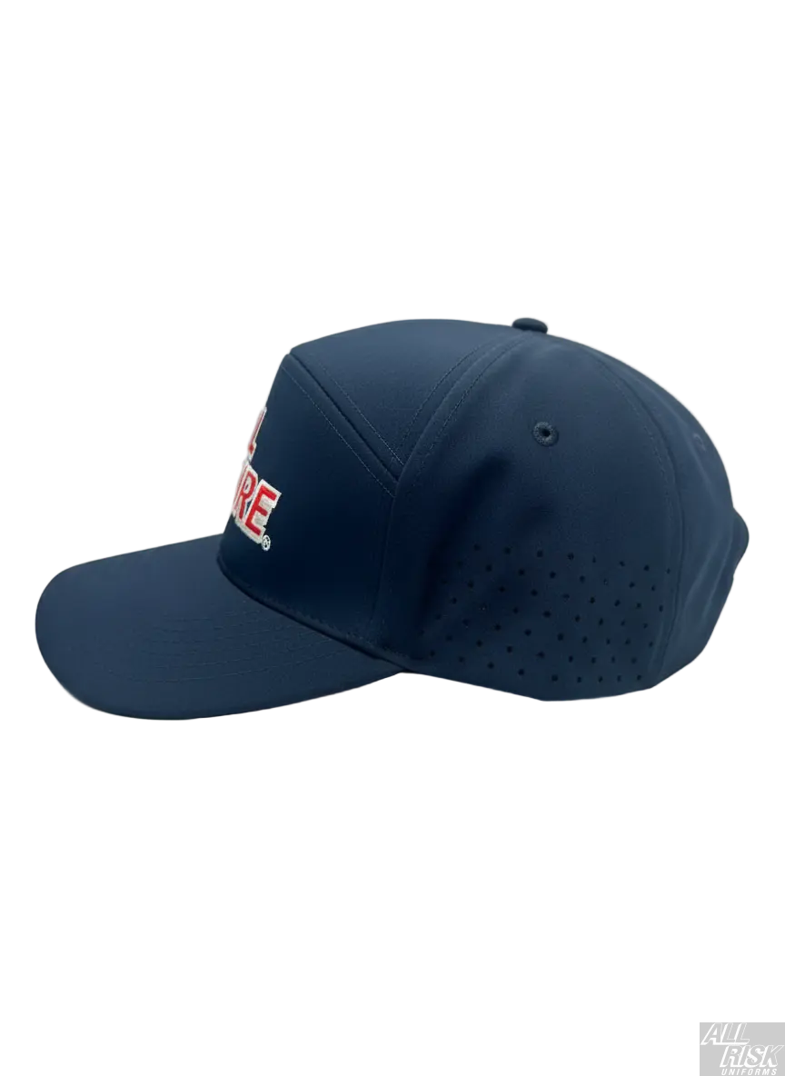 7 Panel Dome Athletic Hat in midnight navy with red CAL FIRE text - side angle view displaying dome shape and athletic construction