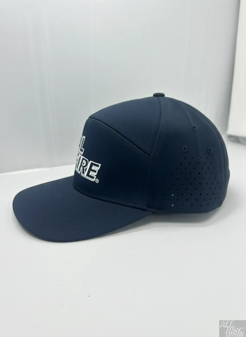 7 Panel Dome Athletic Hat in midnight navy with white CAL FIRE text - side angle view displaying dome shape and athletic construction