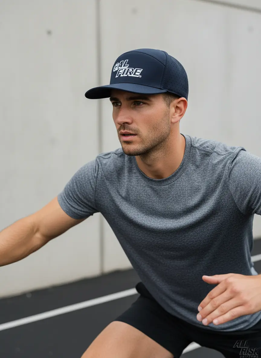 Athlete wearing 7 Panel Dome Athletic Hat in midnight navy with white CAL FIRE text during workout showing comfortable fit and performance design