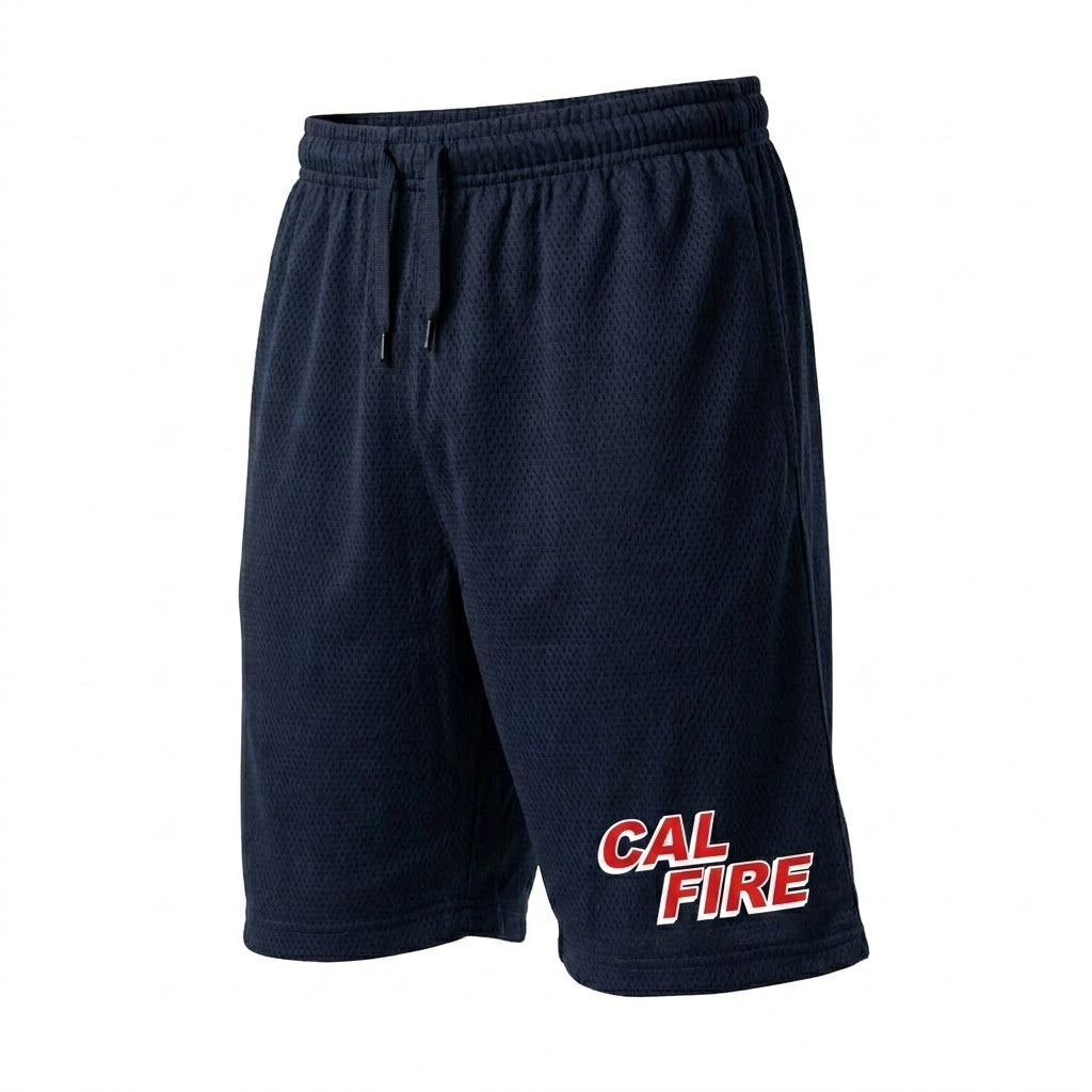 Three-quarter side view of the navy mesh PT shorts showing the drawstring waist and the bold red CAL FIRE wordmark on the leg.