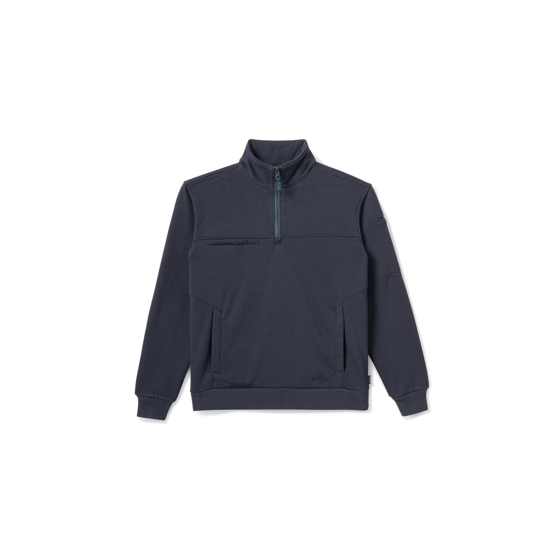 Midnight navy 5.11 quarter-zip job shirt, flat-lay front view showing the stand collar, kangaroo hand pockets, and a sleeve pocket, with no logo.