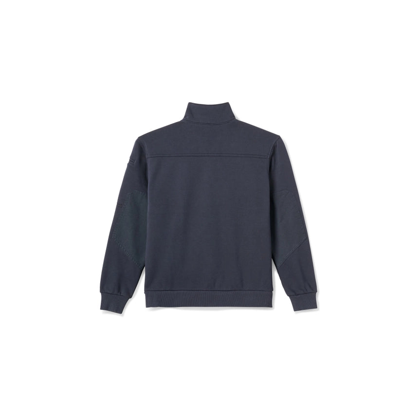 Midnight navy job shirt, flat-lay back view showing the reinforced elbow panels and ribbed cuffs and hem, with a plain blank back.