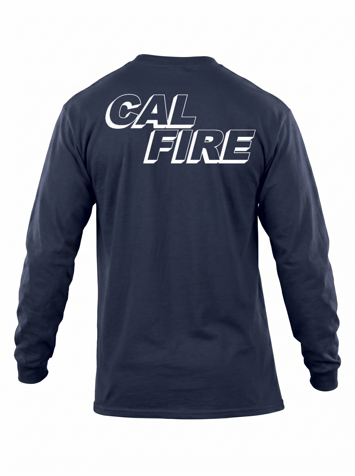 Fire Navy 5.11 Station Wear long-sleeve CAL FIRE t-shirt — back view with the large white CAL FIRE logo across the upper back.