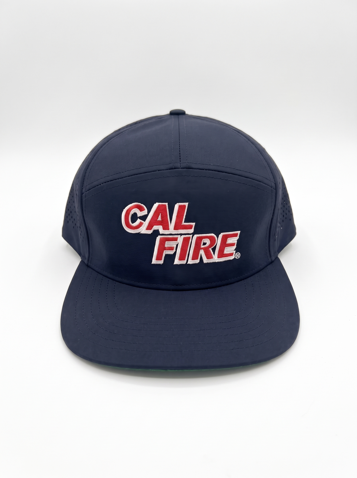 CAL FIRE 7-Panel Performance Hat, front view, dark navy with red CAL FIRE wordmark with white outline (product render)