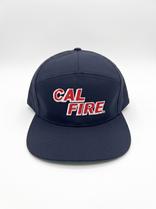 CAL FIRE 7-Panel Performance Hat, front view, dark navy with red CAL FIRE wordmark with white outline (product render)