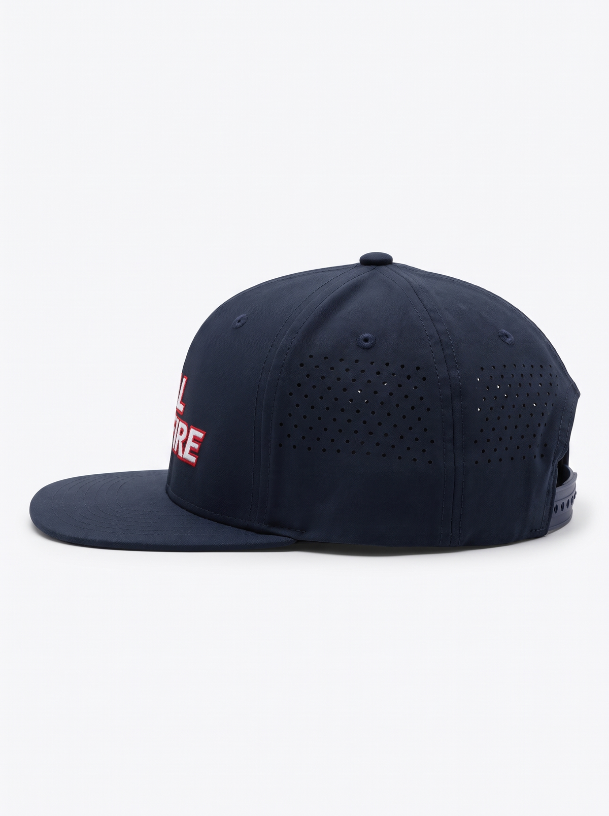 CAL FIRE 7-Panel Performance Hat, left side profile showing the laser-perforated vent panels, dark navy with red CAL FIRE wordmark with white outline (product render)