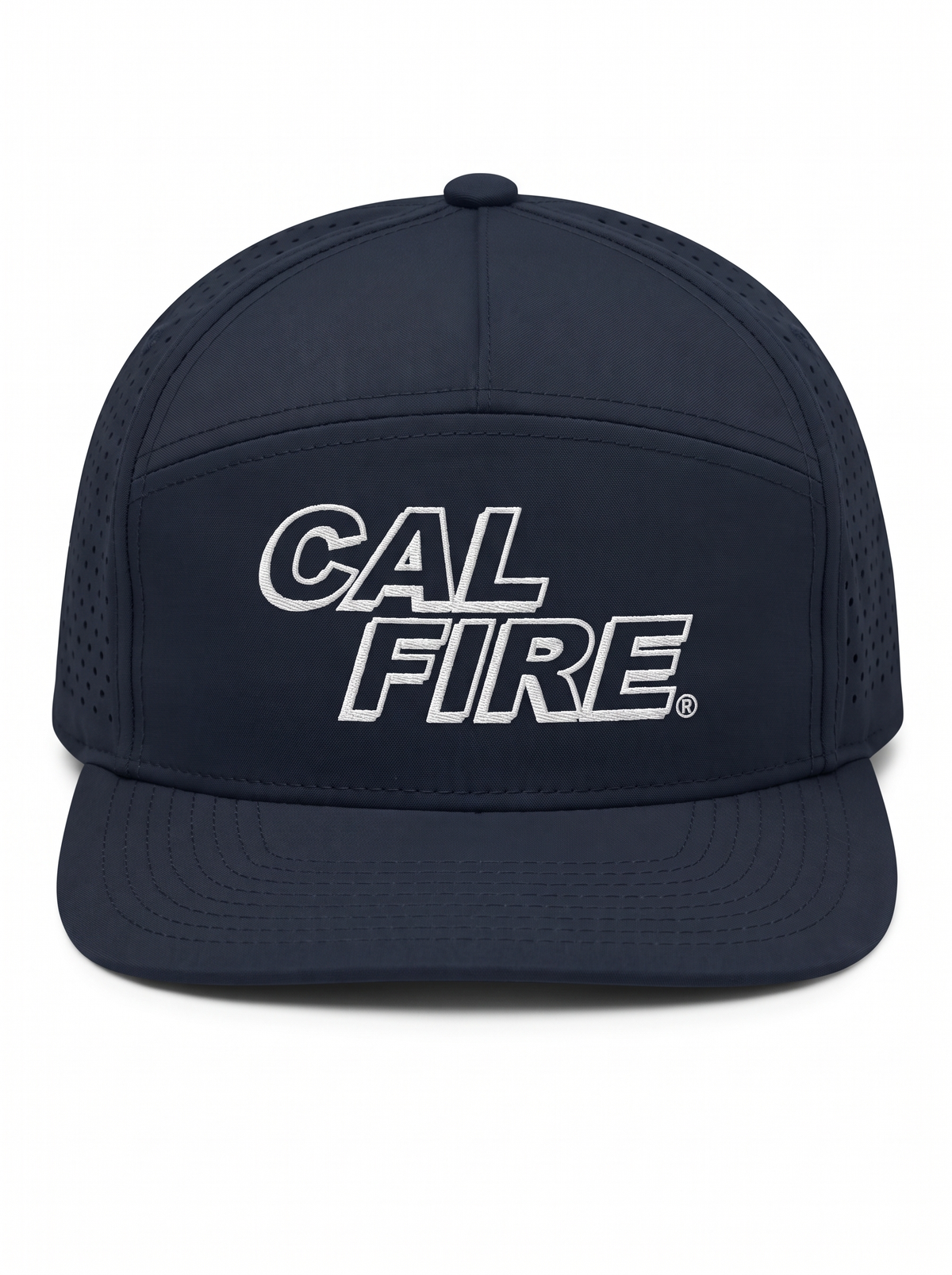 CAL FIRE 7-Panel Performance Hat - White Text, front view, dark navy with white-outline CAL FIRE wordmark (product render)